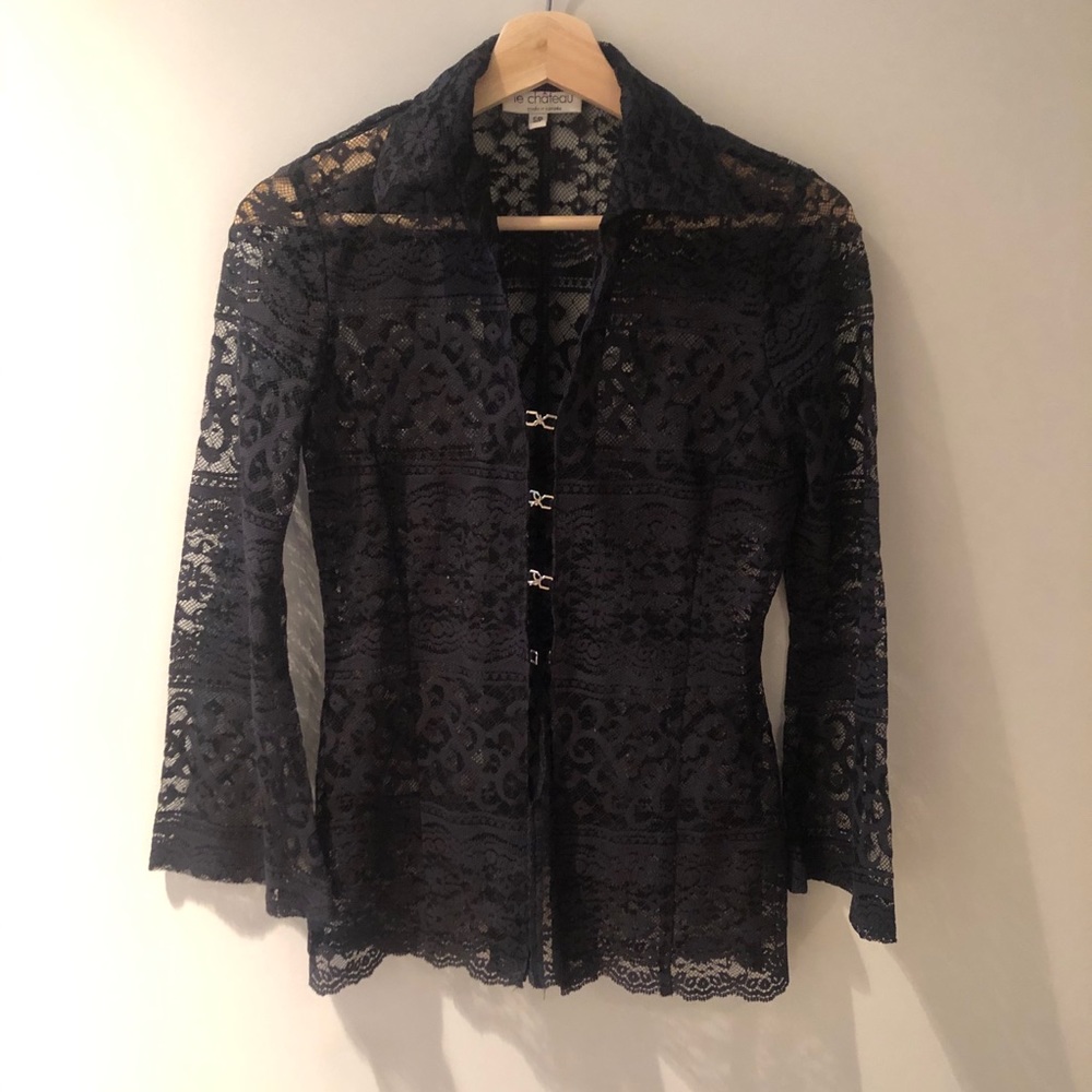 Vintage black gothic lace clasp front blouse